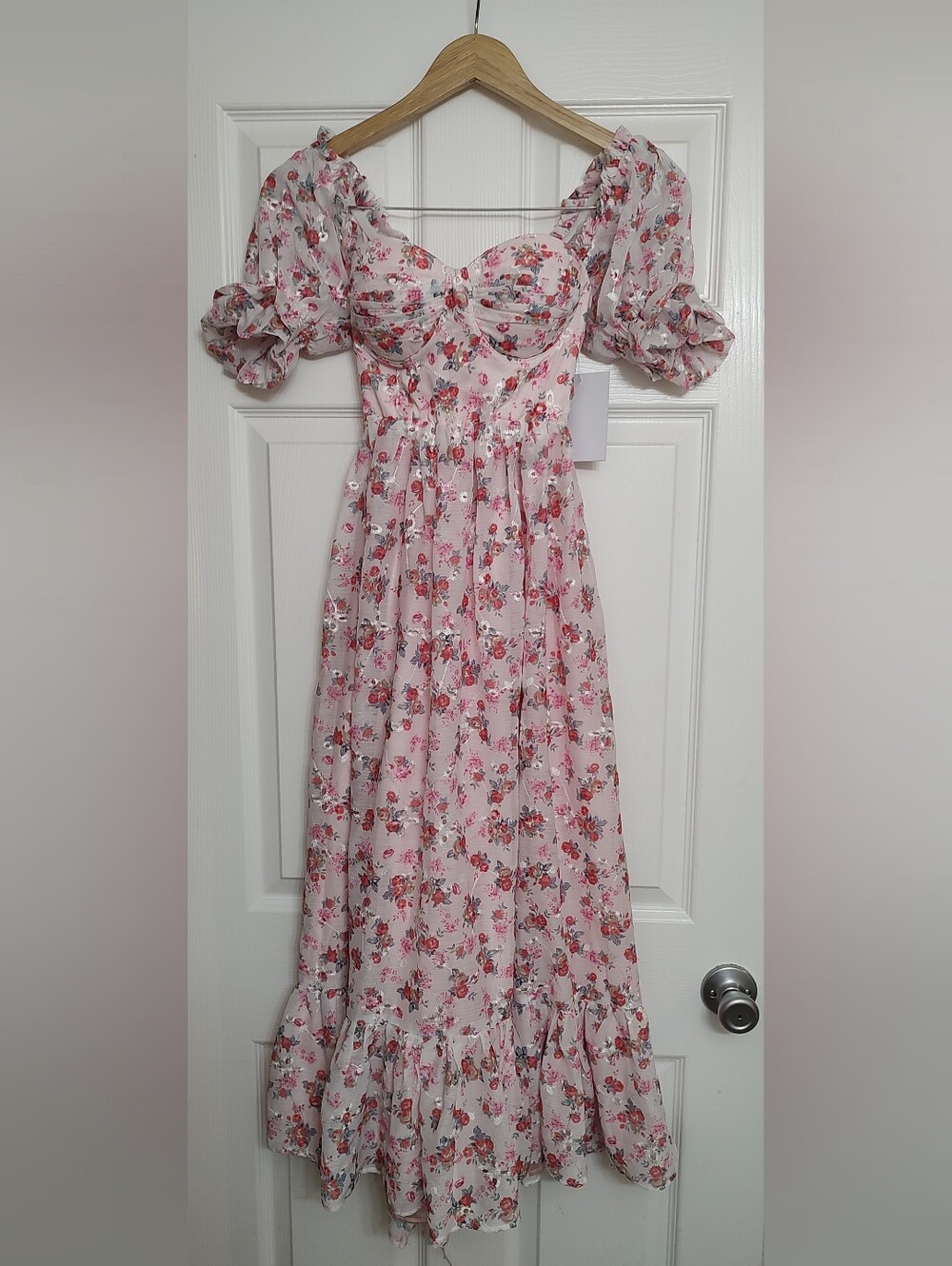 ALAMOUR Aileen Maxi Dress XXS Pink Floral Puff Sleeve Luxury Resort Wear
